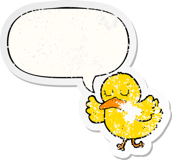 Çizgi film ördeği konuşma baloncuğu ile sıkıntılı eski bir çıkartma bir insan tarafından çizilmiş