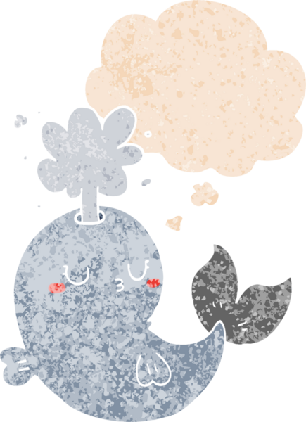 Karikatür balinası su püskürtür grunge 'da düşünce baloncuğu ile sıkıntılı retro dokuma tarzı bir insan tarafından çizilir