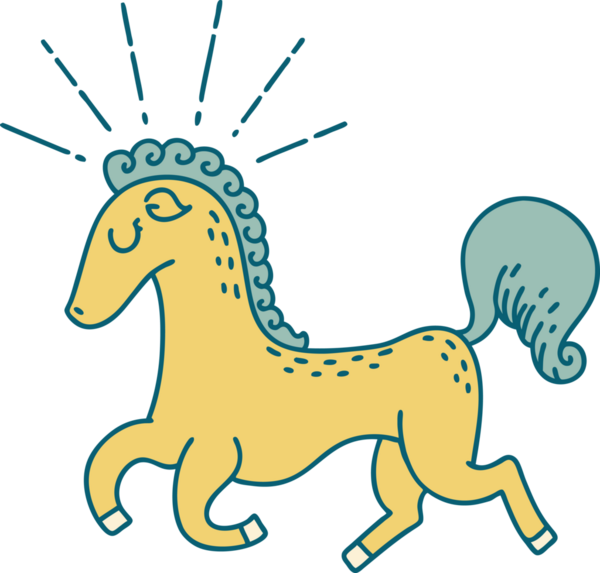 Bir insan tarafından çizilmiş geleneksel dövme stili hoplayıp zıplayan bir aygır.