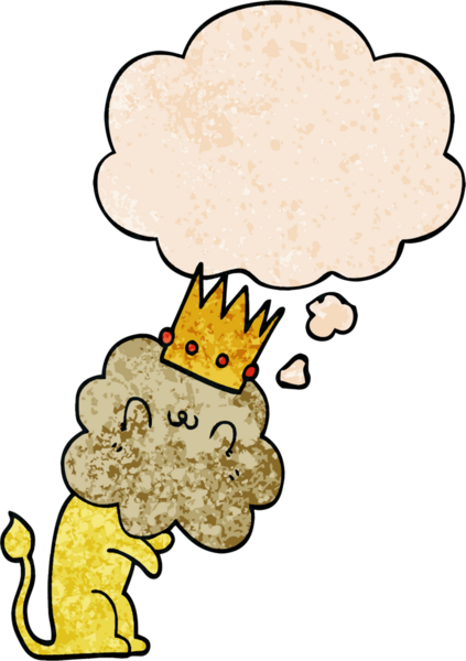 Düşünce baloncuğu ile taçlı çizgi film aslanı bir insan tarafından çizilmiş grunge doku tarzı.