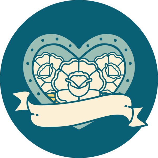 İkonik dövme stili bir kalp ve bir insan tarafından çizilmiş çiçekli pankart.