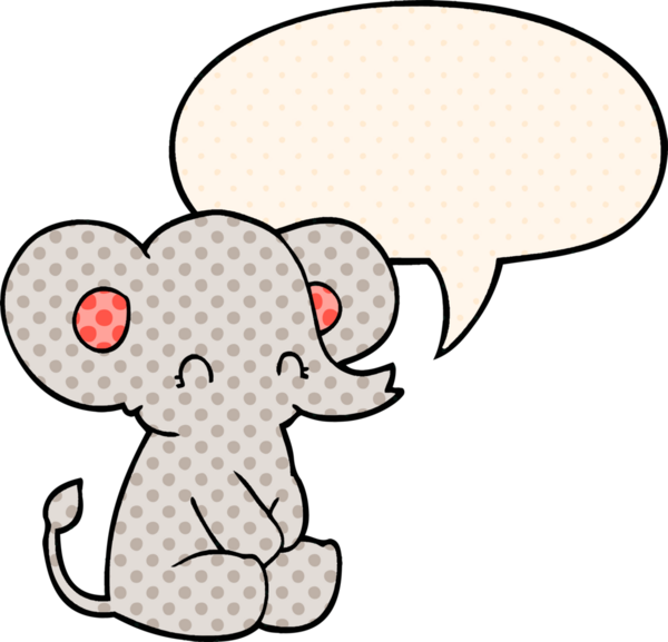 Bir insan tarafından çizilmiş çizgi roman tarzında konuşma balonu olan sevimli bir fil.