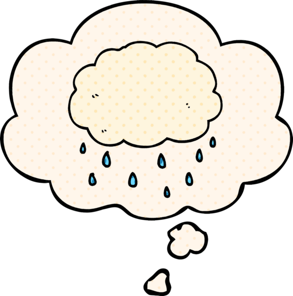 Çizgi roman tarzında bir insan tarafından çizilmiş düşünce baloncuklu yağmur bulutu.