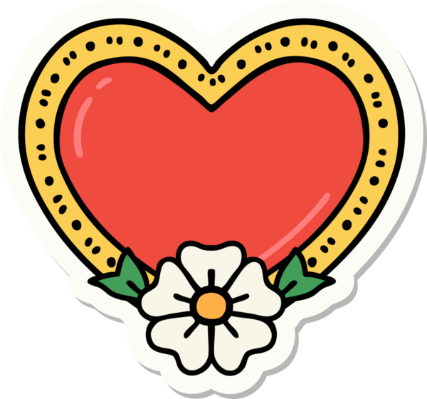 Bir insan tarafından çizilmiş geleneksel bir kalp ve çiçek stiliyle dövme çıkartması.