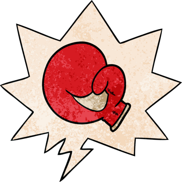 Boks eldiveni karikatürü, konuşma baloncuğu ile retro doku şeklinde bir insan tarafından çizilmiş.