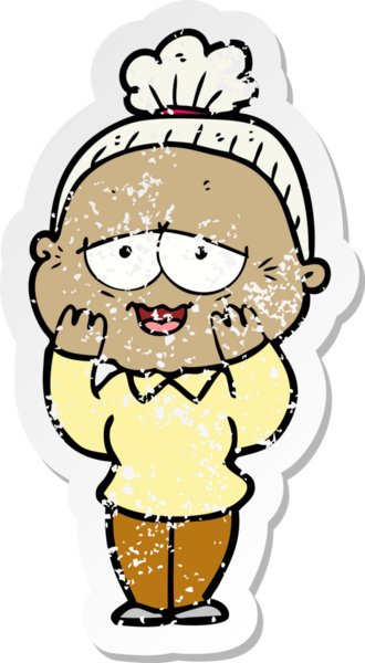 Bir insan tarafından çizilmiş mutlu, yaşlı bir kadının sıkıntılı çıkartması.