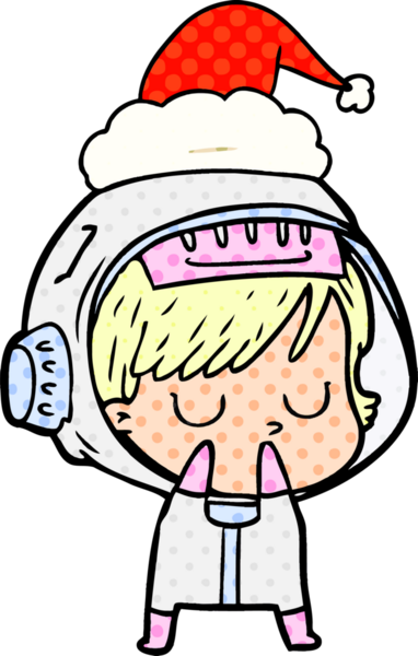 Bir insan tarafından çizilmiş Noel Baba şapkası giyen astronot bir kadının el çizimi çizgi roman tasviri.