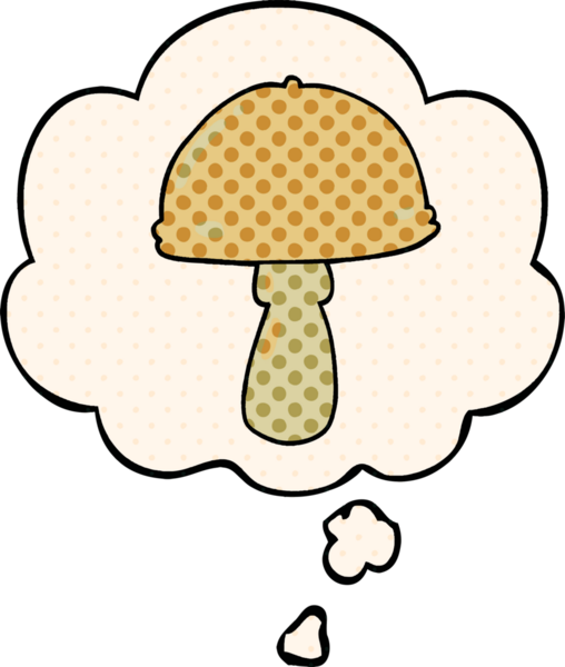 Çizgi roman tarzında bir insan tarafından çizilmiş düşünce baloncuklu mantar.