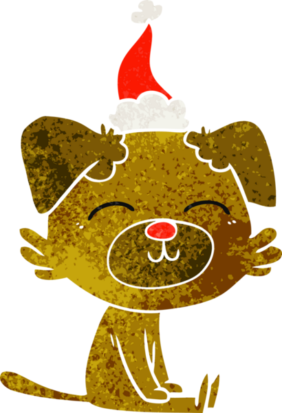 Bir insan tarafından çizilmiş Noel Baba şapkası takan bir köpeğin retro karikatürü.