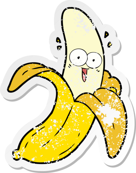 Bir insan tarafından çizilmiş kederli bir çizgi film etiketi çılgın mutlu bir muz