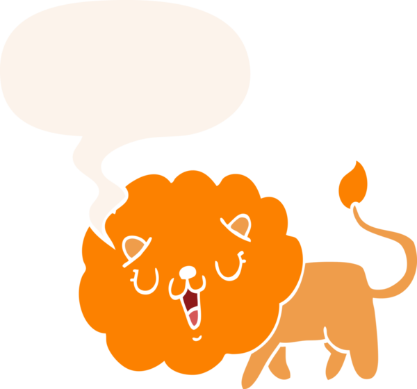 Bir insan tarafından çizilmiş konuşma baloncuğu olan sevimli çizgi film aslanı.