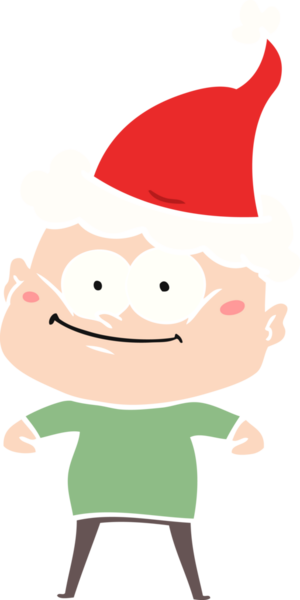 Bir insan tarafından çizilmiş Noel Baba şapkası giymiş kel bir adamın el çizimi düz bir çizim.