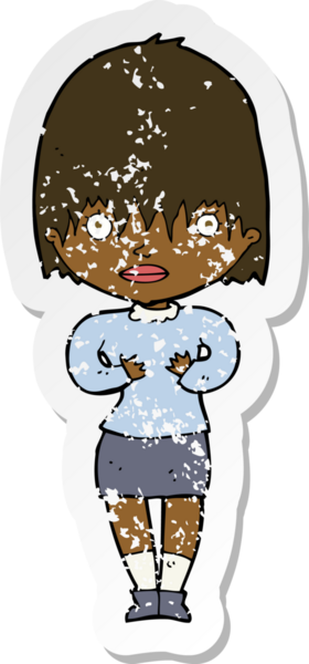 Bir insan tarafından çizilen Kim Ben jestini yapan karikatürlü bir kadının gerilimli çıkartması.