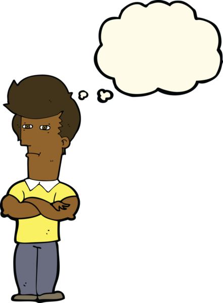 Bir insan tarafından çizilmiş düşünce balonlu kolları katlanmış çizgi film adamı.