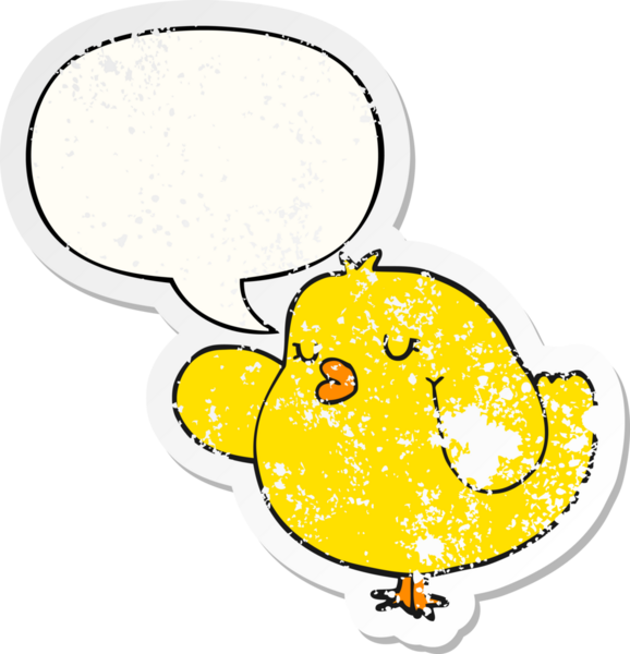 Konuşma baloncuğu olan çizgi film kuşu, bir insan tarafından çizilmiş sıkıntılı eski bir çıkartma.