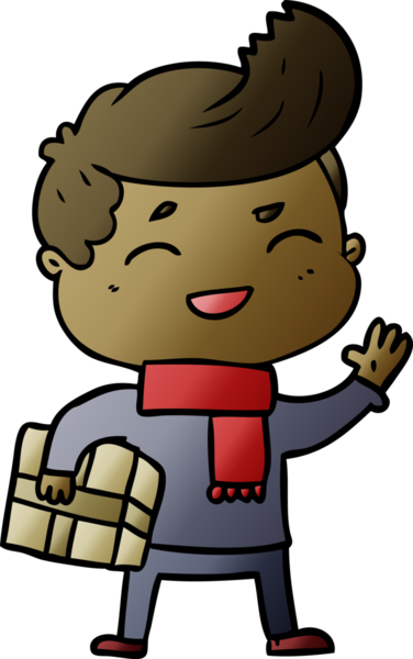 Bir insan tarafından çizilmiş paketle gülen çizgi film adamı.