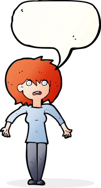 Bir insan tarafından çizilmiş konuşma baloncuğuyla omuz silken çizgi film kadını.