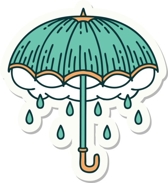 Bir insan tarafından çizilmiş geleneksel bir şemsiye ve fırtına bulutu stili dövme çıkartması.