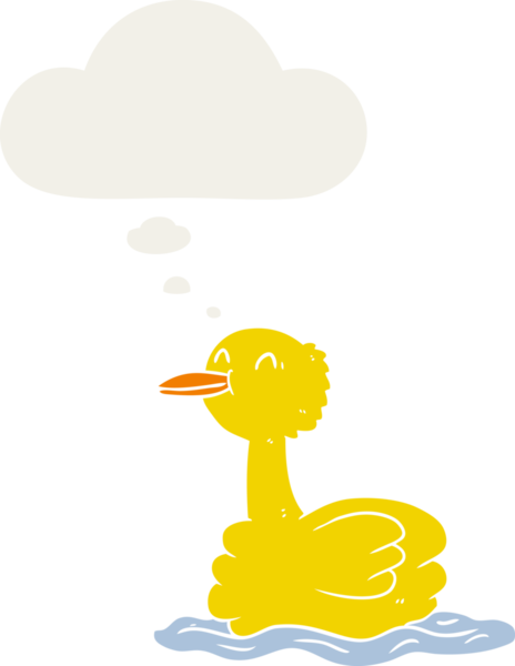 Düşünce baloncuğu olan çizgi film ördeği insan tarafından çizilmiş.