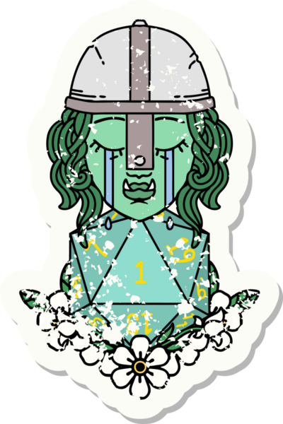 Ağlayan bir ork savaşçı karakterinin grunge çıkartması. Bir insan tarafından çizilmiş doğal bir D20 rulosu var.