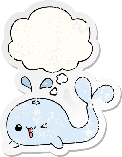Düşünce baloncuğu olan karikatür balinası bir insan tarafından çizilmiş yıpranmış bir çıkartma.