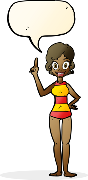 Çizgili mayo giymiş, bir insan tarafından çizilmiş konuşma balonu olan karikatür kadın.