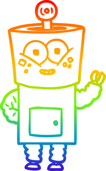 Gökkuşağı gradyan çizimi mutlu bir robot çizgi filmi. Bir insan tarafından çizilmiş merhaba.