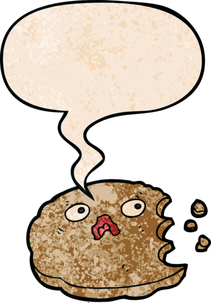 Bir insan tarafından çizilmiş, geçmiş zaman dokusunda konuşma balonu olan ısırılmış çizgi film kurabiyesi.