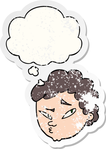 Düşünce baloncuğu olan kuşkulu bir çizgi film karakteri insan tarafından çizilmiş yıpranmış bir çıkartma.
