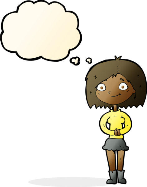 Bir insan tarafından çizilmiş düşünce balonlu mutlu kadın çizgi filmi.