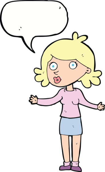 Bir insan tarafından çizilmiş konuşma balonu olan kafası karışık bir kadın çizgi filmi.