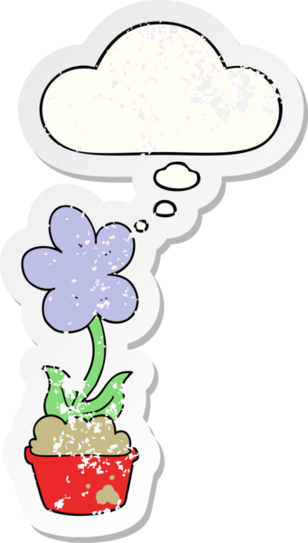 Düşünce baloncuğu olan sevimli bir karikatür çiçeği insan tarafından çizilmiş yıpranmış bir çıkartma gibi.