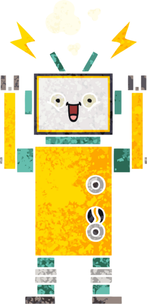 Bir insan tarafından çizilmiş mutlu bir robotun retro çizim tarzı karikatürü