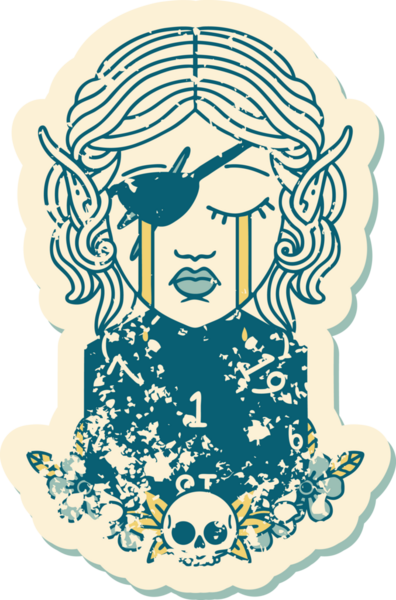 Retro Dövme Tarzı Ağlayan Elf düzenbaz karakter yüzü ve bir insan tarafından çizilmiş doğal bir D20 rulo