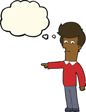 Bir insan tarafından çizilen düşünce baloncuğuyla işaret eden çizgi film adamı.