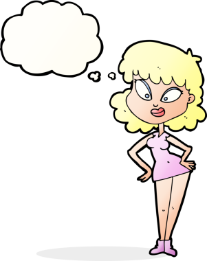 Bir insan tarafından çizilmiş düşünce baloncuğu olan elleri kalçasında çizgi film kadını.