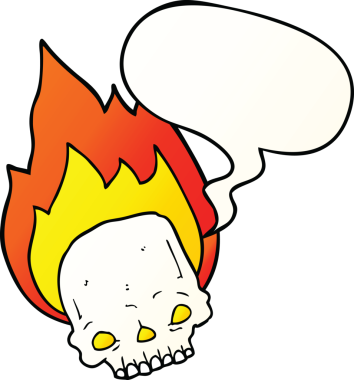 Bir insan tarafından çizilmiş, konuşma baloncuklu, ürkütücü, alevli bir kafatası çizgi filmi.