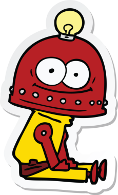 Bir insan tarafından çizilmiş mutlu bir karton robotun çıkartması.