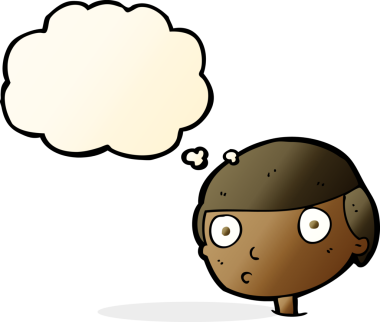 Bir insan tarafından çizilmiş düşünce balonuyla bakan çizgi film çocuğu.