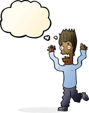 Bir insan tarafından çizilmiş düşünce baloncuğuyla dehşete düşmüş bir adam.