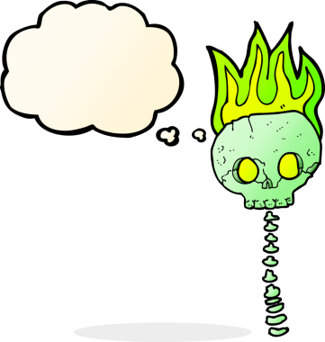 Bir insan tarafından çizilmiş düşünce baloncuklu korkunç kafatası ve omurga.