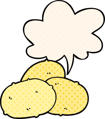 Bir insan tarafından çizilmiş çizgi roman tarzında konuşma baloncuklu patates.