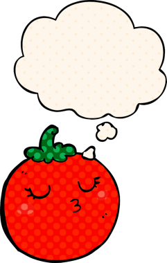 Bir insan tarafından çizilmiş, düşünce baloncuklu çizgi film domatesi.