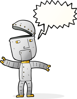 Bir insan tarafından çizilmiş konuşma balonlu komik robot.