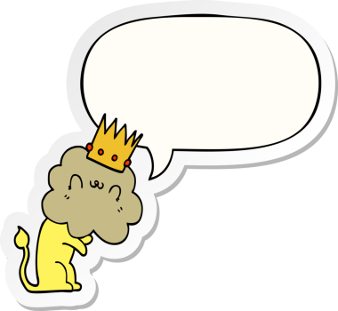 Bir insan tarafından çizilmiş konuşma kabarcığı etiketli, taçlı çizgi film aslanı.