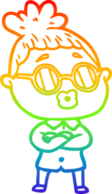 Bir insan tarafından çizilmiş gözlük takan bir karikatür kadının çizimi.