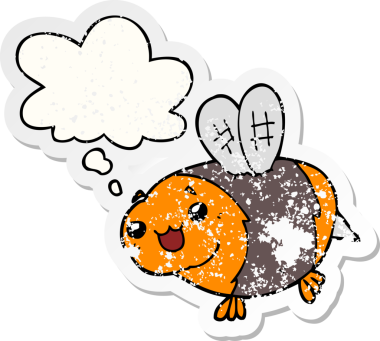 Düşünce baloncuğu olan komik çizgi film arısı bir insan tarafından çizilmiş yıpranmış bir çıkartma.