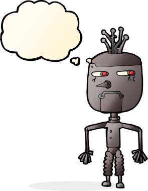 Bir insan tarafından çizilmiş düşünce baloncuklu çizgi film robotu