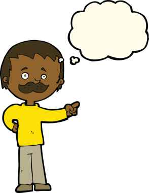 Çizgi filmdeki bıyıklı adam bir insan tarafından çizilmiş düşünce balonuyla işaret ediyor.