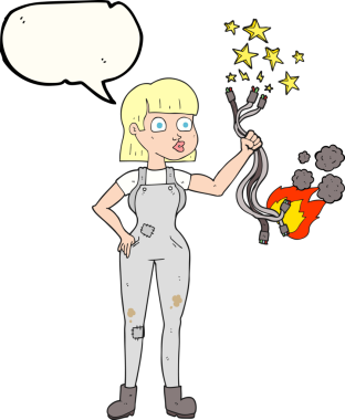 Bir insan tarafından çizilmiş serbest konuşma balonu karikatürü kadın elektrikçi